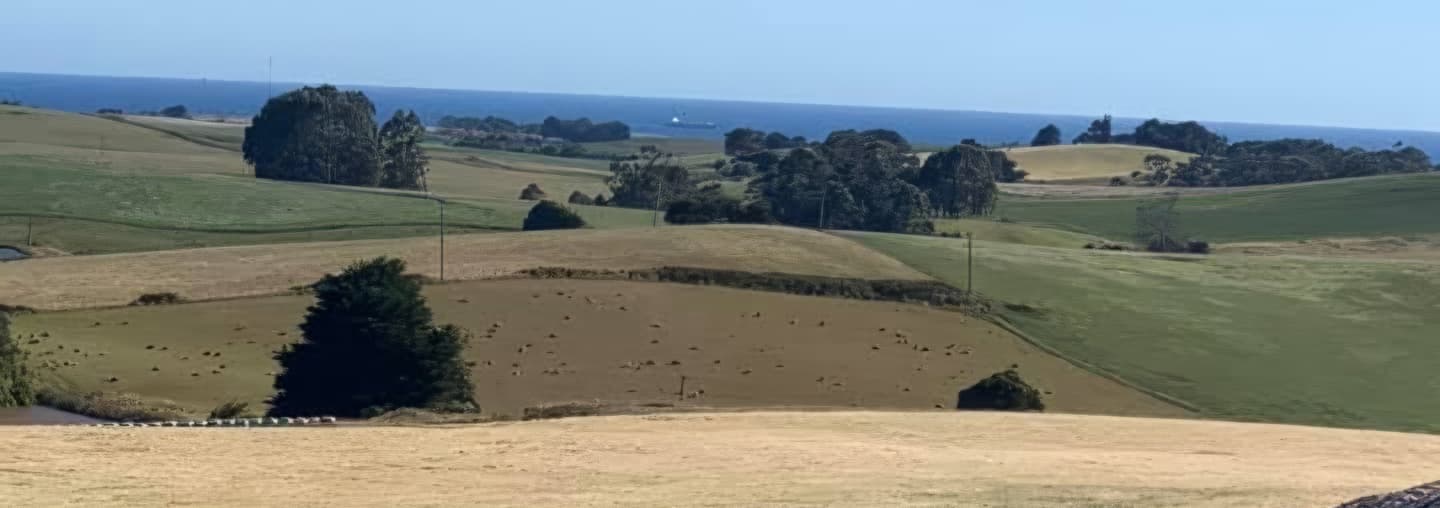 Rolling farmland with hay bales and coastal hills in the background