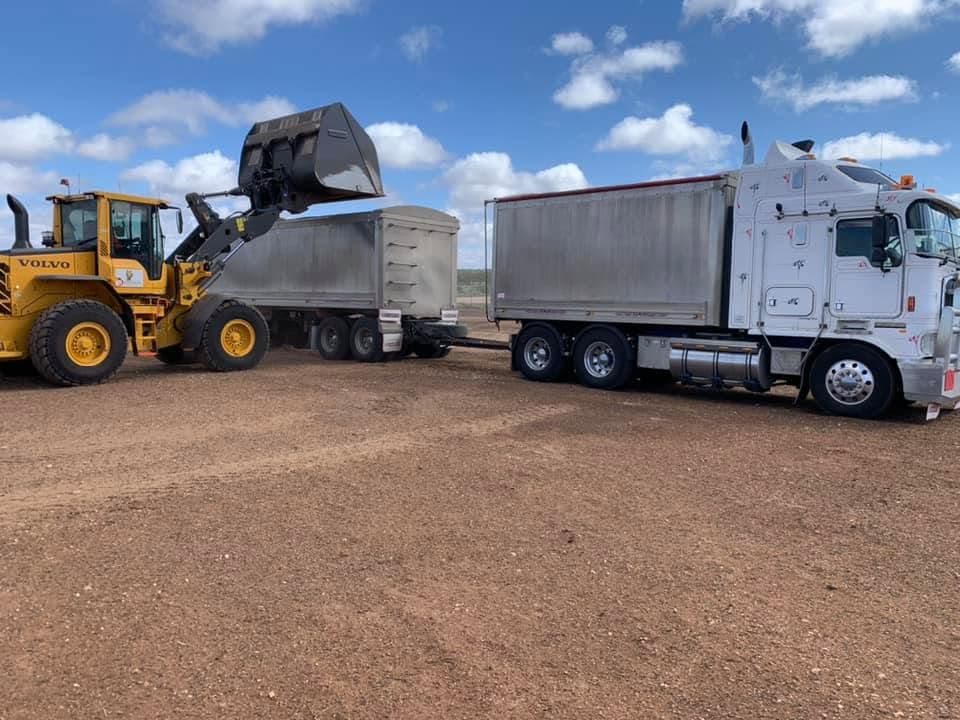 Front-end loader loading compost into a truck and trailer for transport